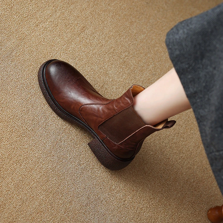 头层牛皮5.5cm～复古中跟短靴弹力厚底显瘦气质短靴女切尔西靴短筒