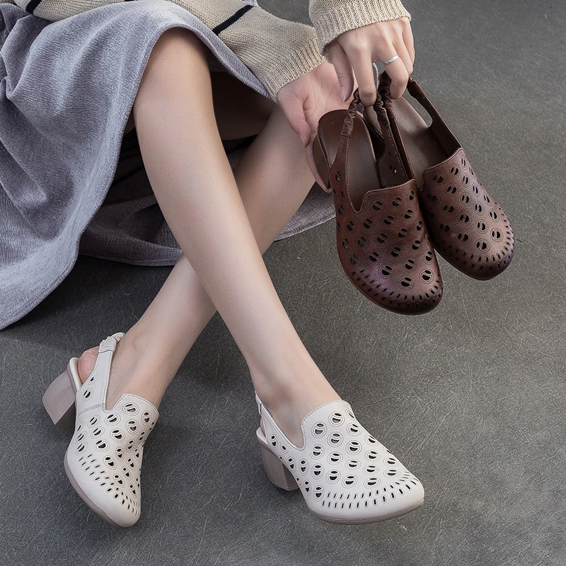 上海杰骤2025夏季新款包头透气小跟凉鞋复古经典百搭时尚通勤女鞋