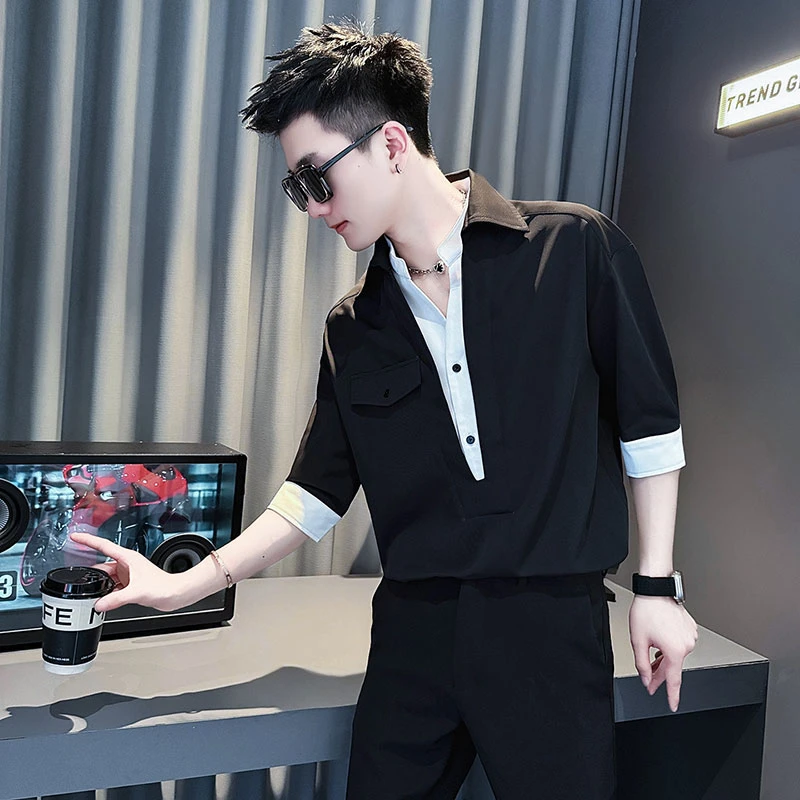 假两件拼接男士衬衫夏季薄款2025新款高级感男生上衣痞帅短袖衬衣