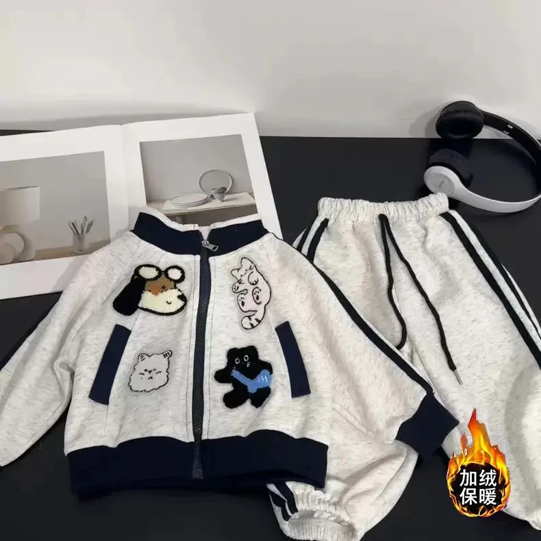 加绒贴布绣秋冬季新款男女童套装时尚百搭休闲舒适上衣拉链两件套