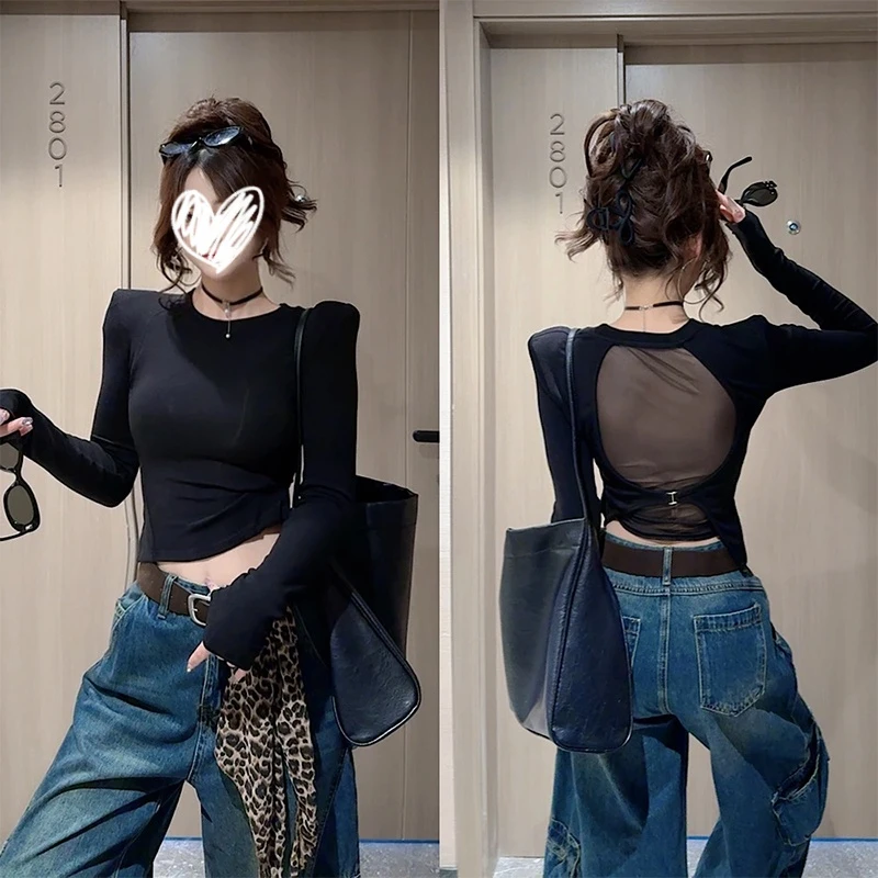 痞帅炸街风女装圆领网纱露背长袖T恤秋季修身显瘦独特漂亮小睡衣