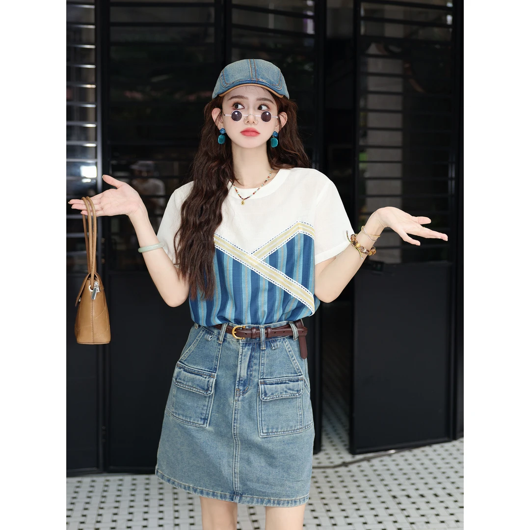 陈大器【白瓷镀蓝】复古港风假俩件夏季短袖T恤休闲上衣JS1116099