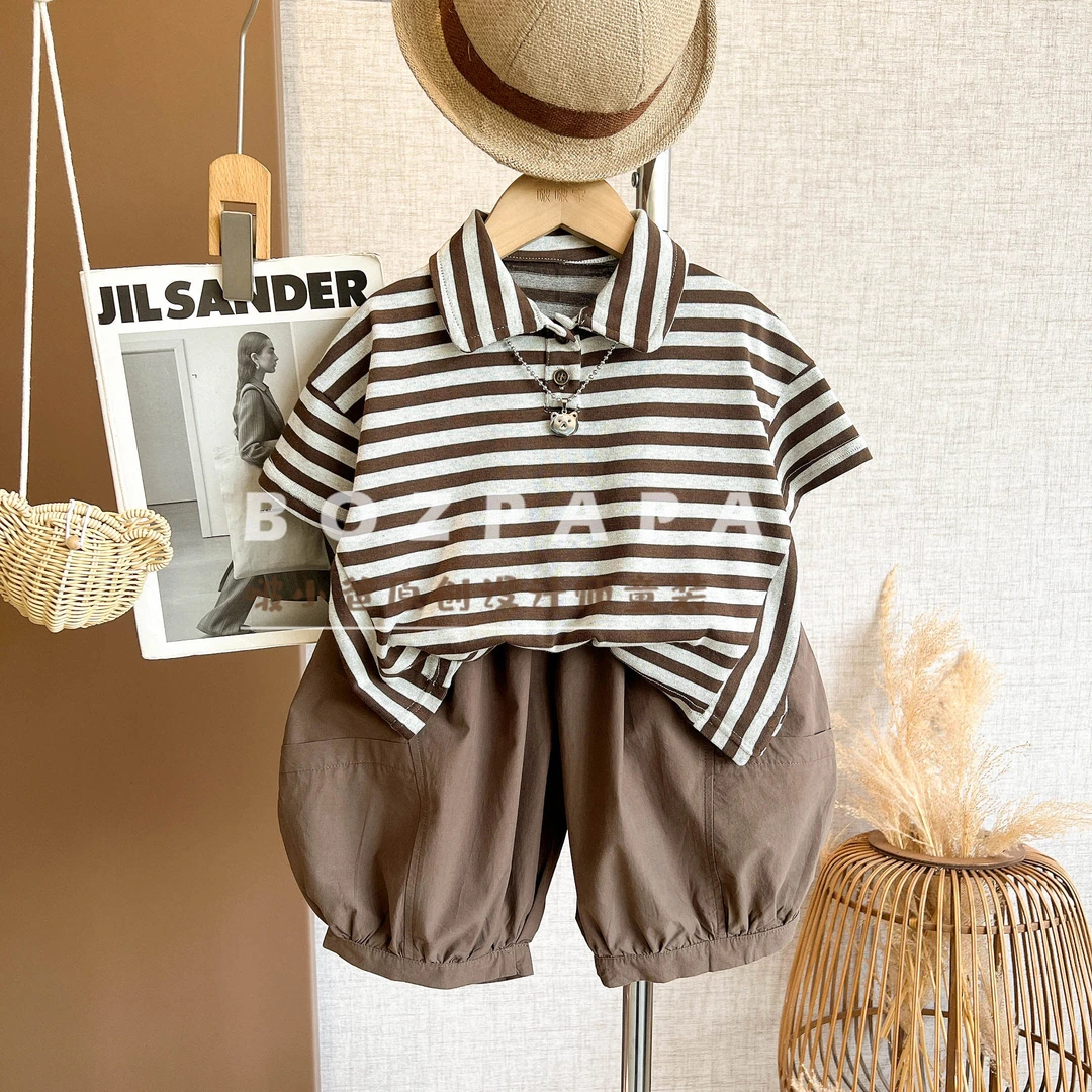 现货啵小爸【分行生长】2025夏季男童韩系休闲条纹领口纽扣POLO衫