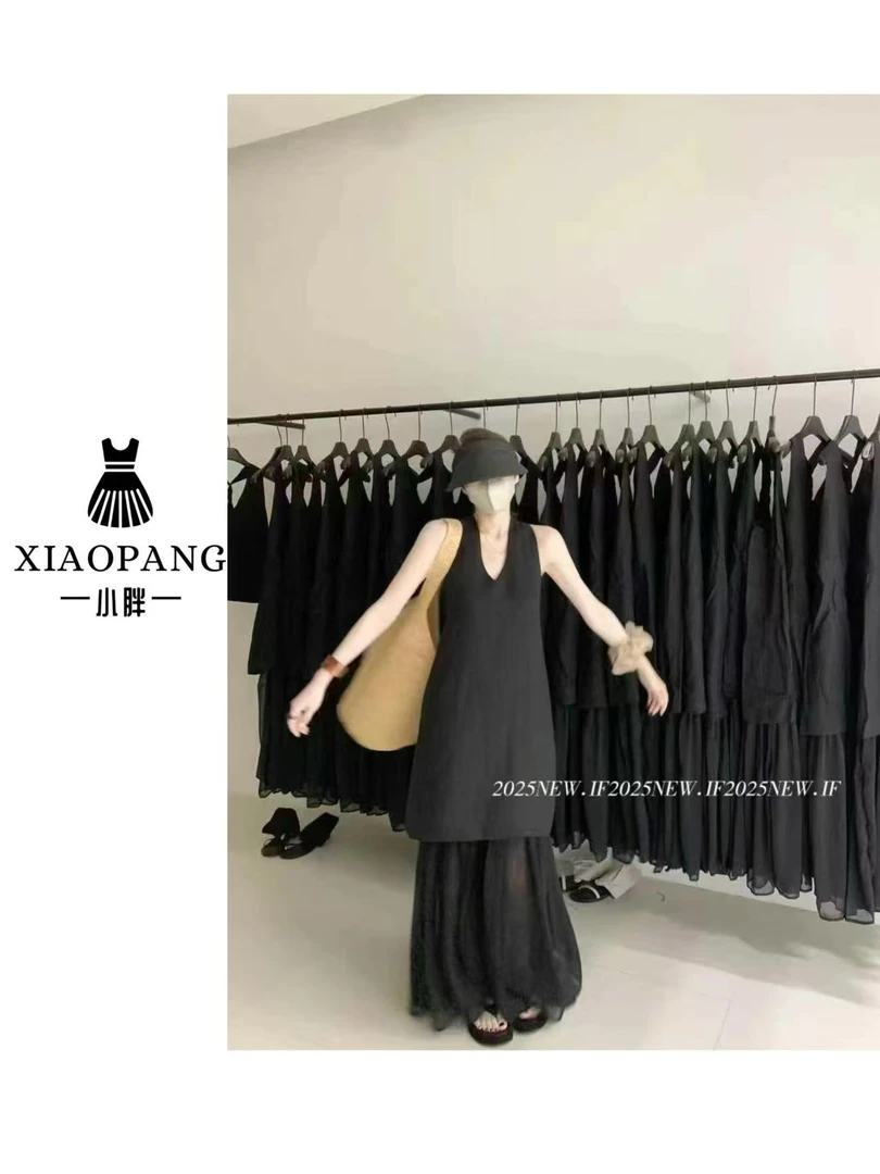 【小胖家】9901高级感V领拼接无袖露背连衣裙