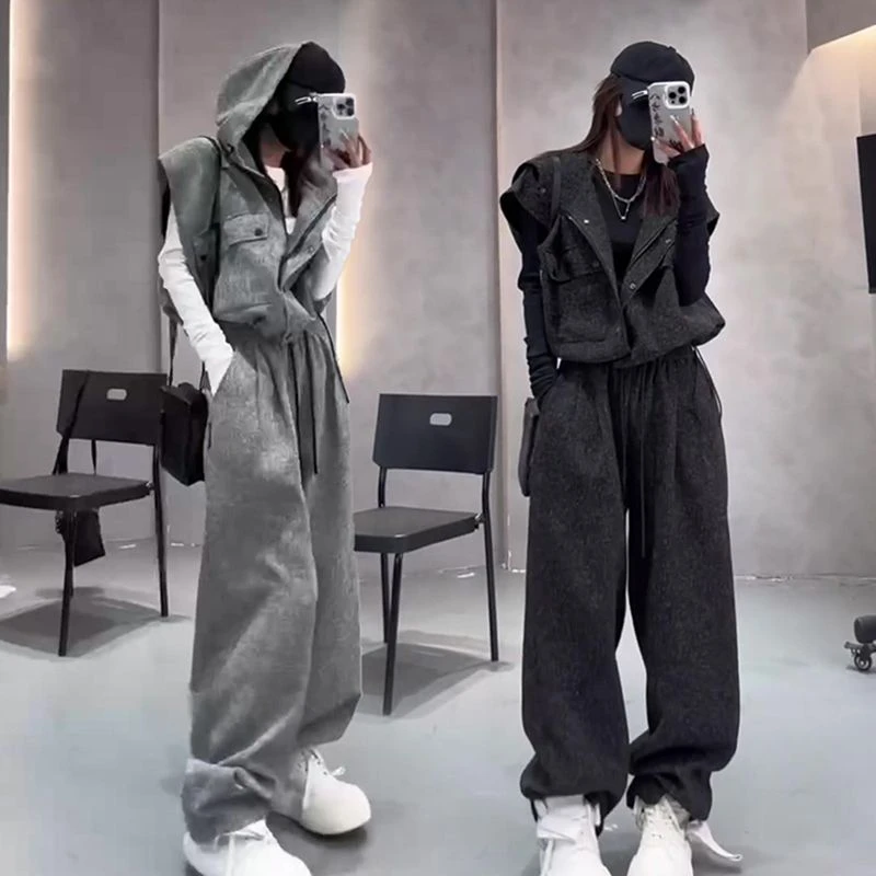 春秋新款休闲运动套装个性百搭无袖连帽马甲阔腿裤潮流穿搭两件套