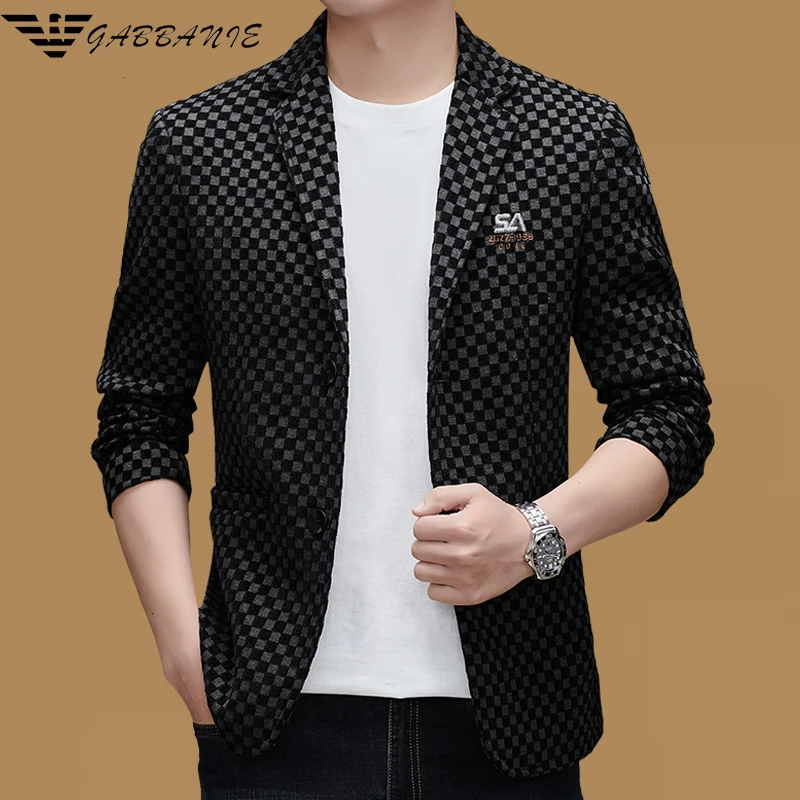 意大利男士休闲西装春季韩版时尚西服中青年高档修身格子商务上装