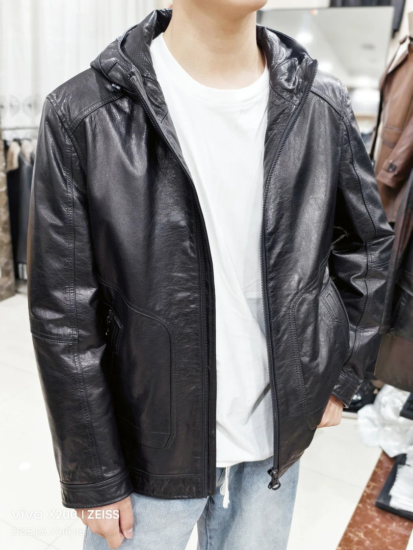 头层牛皮油蜡连帽男皮衣时尚真皮夹克休闲时髦工装夹克款