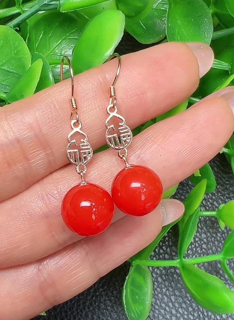 SY1451【福嘟嘟珠宝】S925银镶嵌沁血牛黄宝红玛瑙耳勾-发一对