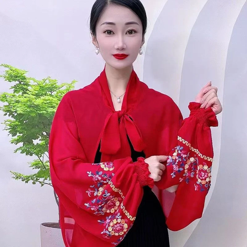 精品【绣花披肩】刺绣防晒衣宽袖冰丝雪纺春夏绣花防晒时尚百搭民