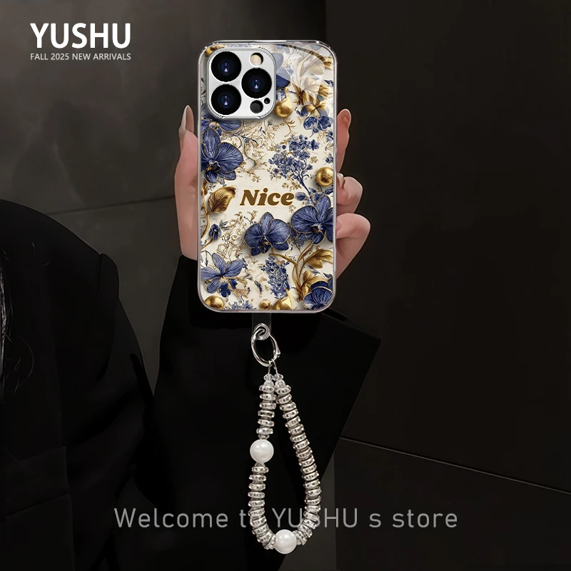 金珠蓝鸢尾手机壳适用于苹果/华为/vivo/oppo/小米电镀玻璃艺术