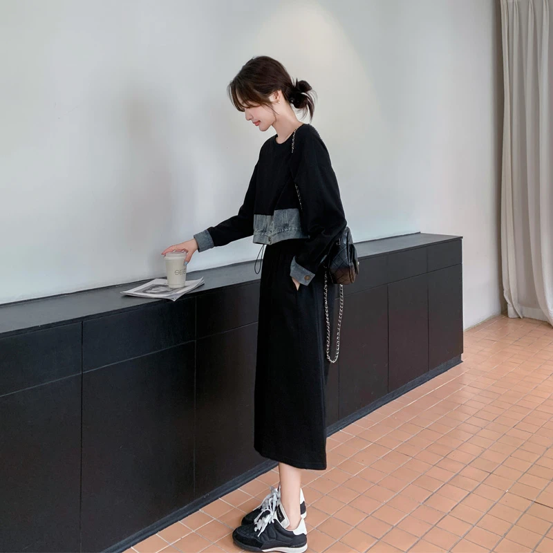 假两件牛仔拼接连衣裙2025春秋新款复古轻奢韩系ins风轻熟卫衣裙
