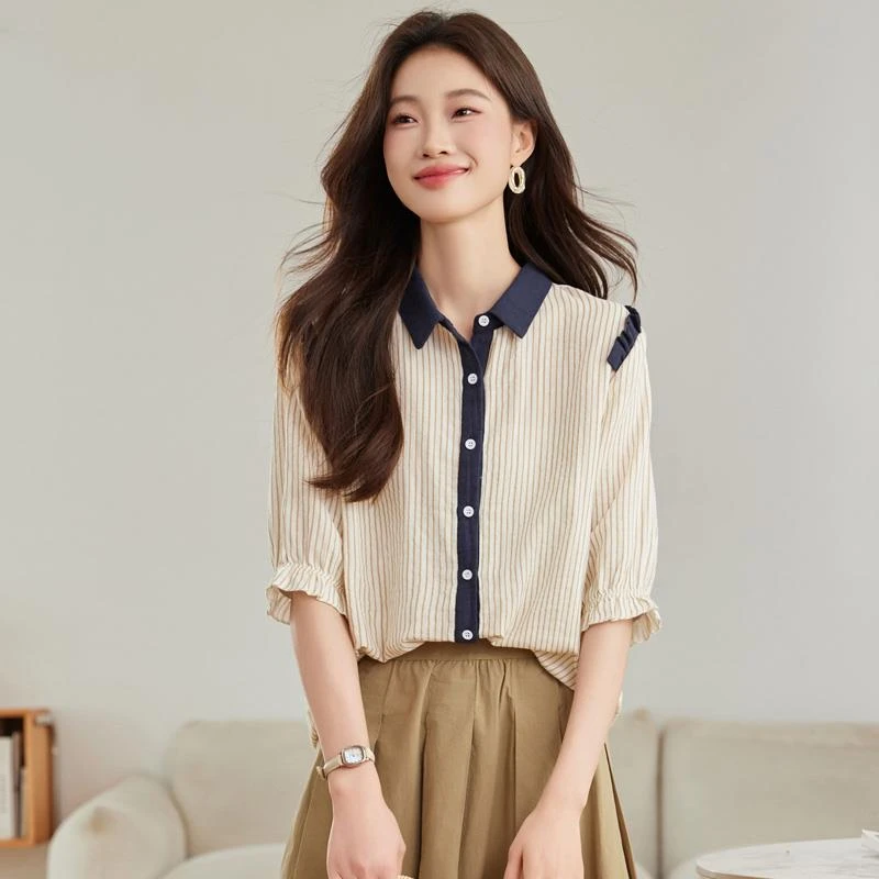 修身短袖衬衫女夏季2025新款宽松撞色条纹休闲感轻奢时尚显瘦上衣