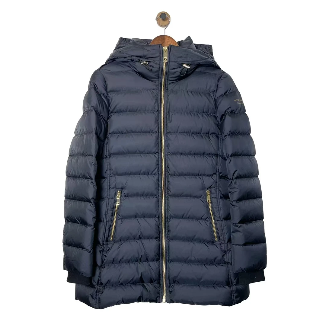 99新 BURBERRY/博柏利 青奢荟/m码///蓝黑色连帽冬羽绒外套/58243