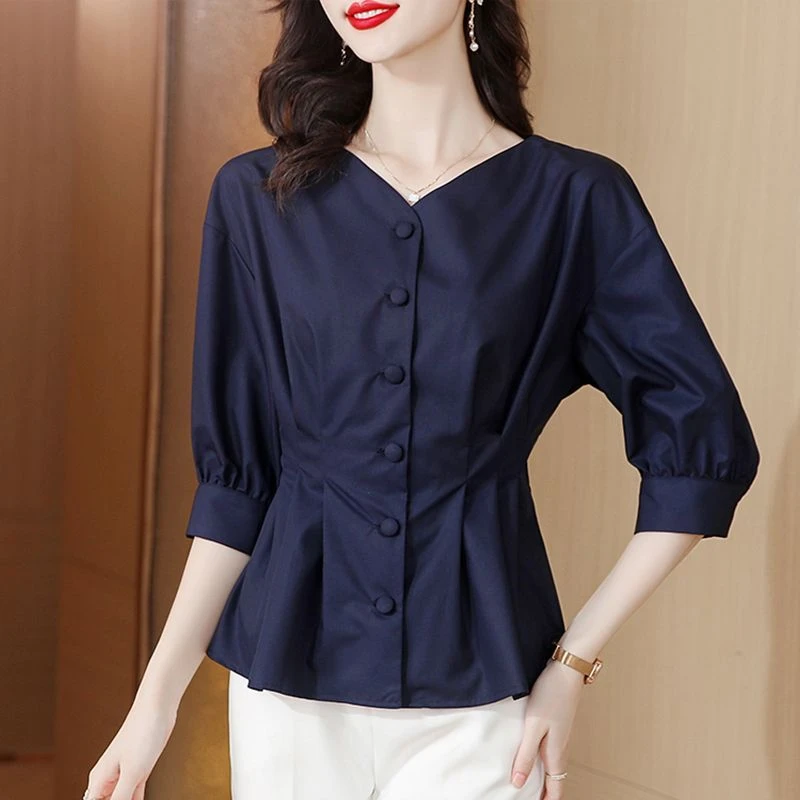 2025夏季新款中年妈妈气质减龄收腰v领七分袖上衣雪纺打底衫t恤女