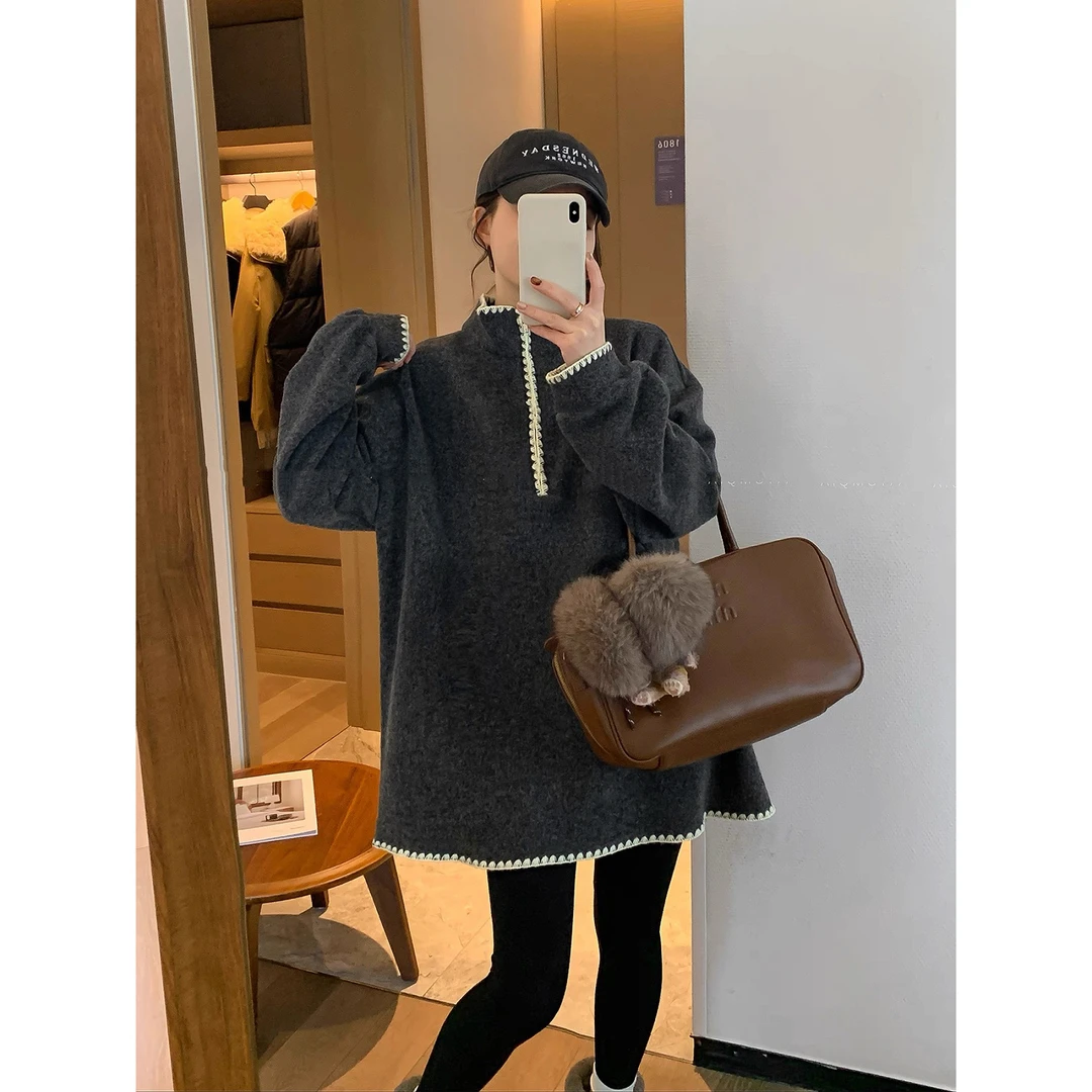 高端半拉链加厚立领卫衣女2025新款爆款秋冬遮屁股中长款内搭901