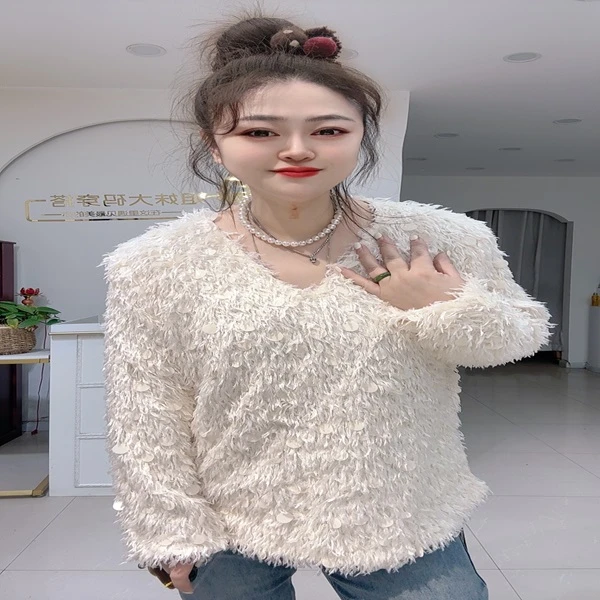 0877欧货时尚洋气亮片流苏蕾丝衫