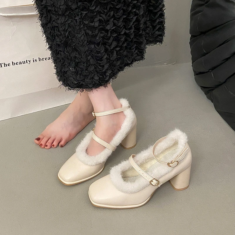 秋冬加绒法式仙女一字扣带高跟鞋女粗跟伴娘鞋中跟毛毛玛丽珍单鞋