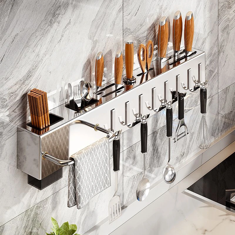 304不锈钢厨房置物架刀架壁挂式免打孔筷子筒筷笼一体刀具收纳架