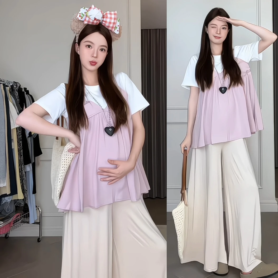 孕妇装休闲百搭套装女夏季慵懒宽松短袖假两件T恤薄款长裤两件套