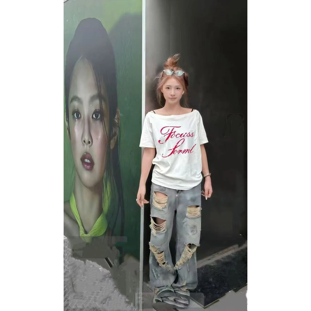 徐秋阳  红字母斜肩 （常规版型）夏季新款百搭时尚显瘦短袖12261-5