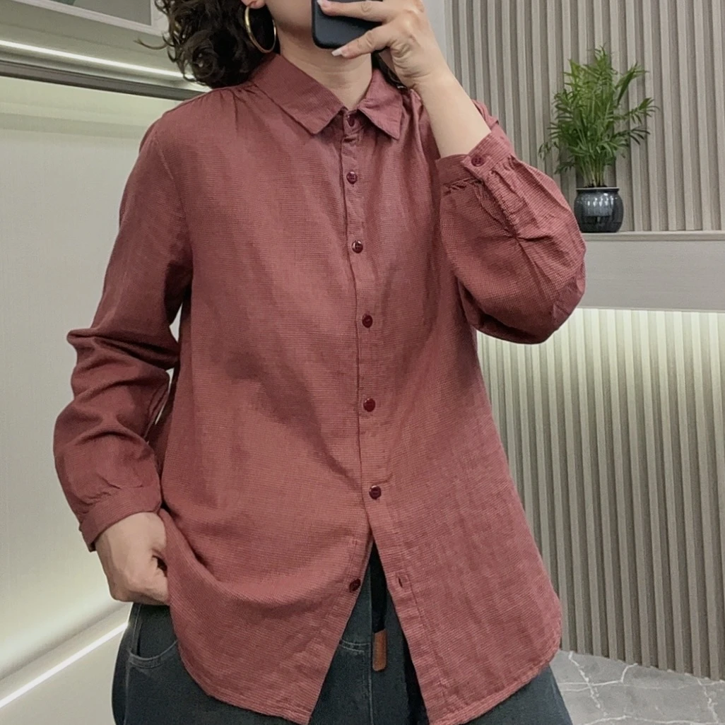 春秋翻领棉纱千鸟格长袖衬衫女复古休闲宽松百搭开衫上衣6623#