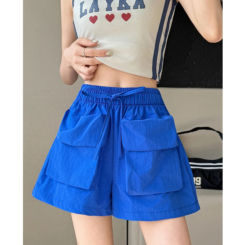 大口袋冰丝速干工装短裤女夏爆款新款2025阔腿中裤显瘦五分运动裤