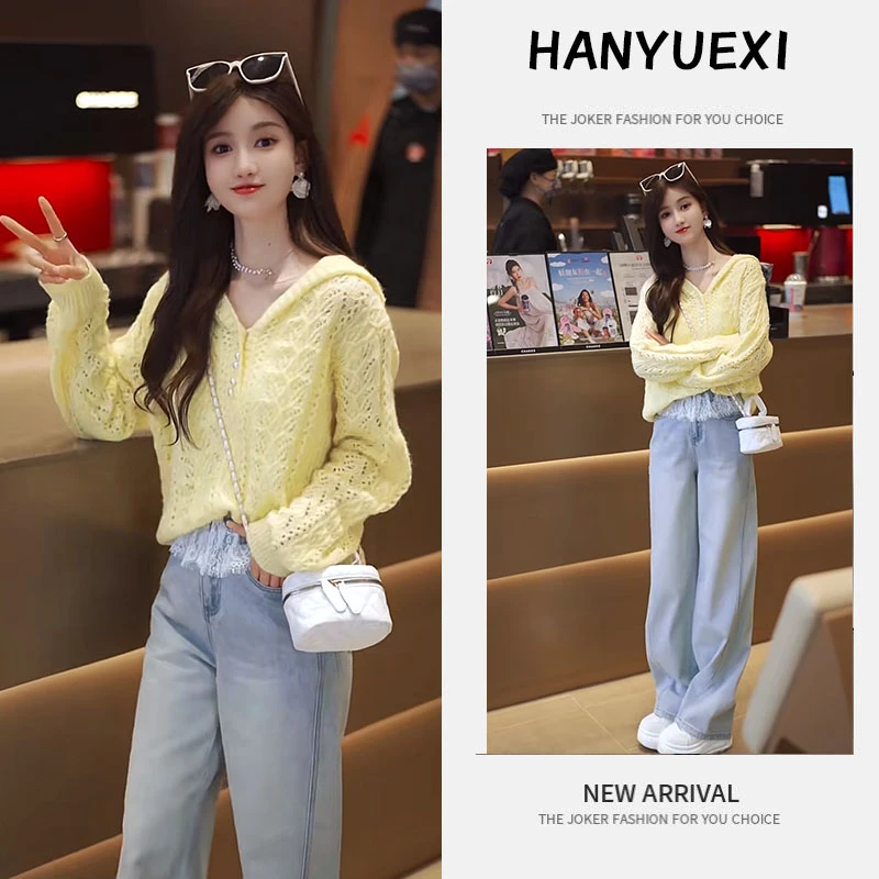 早春时尚一整套女装2025新款韩版设计感连帽针织衫牛仔裤两件套潮