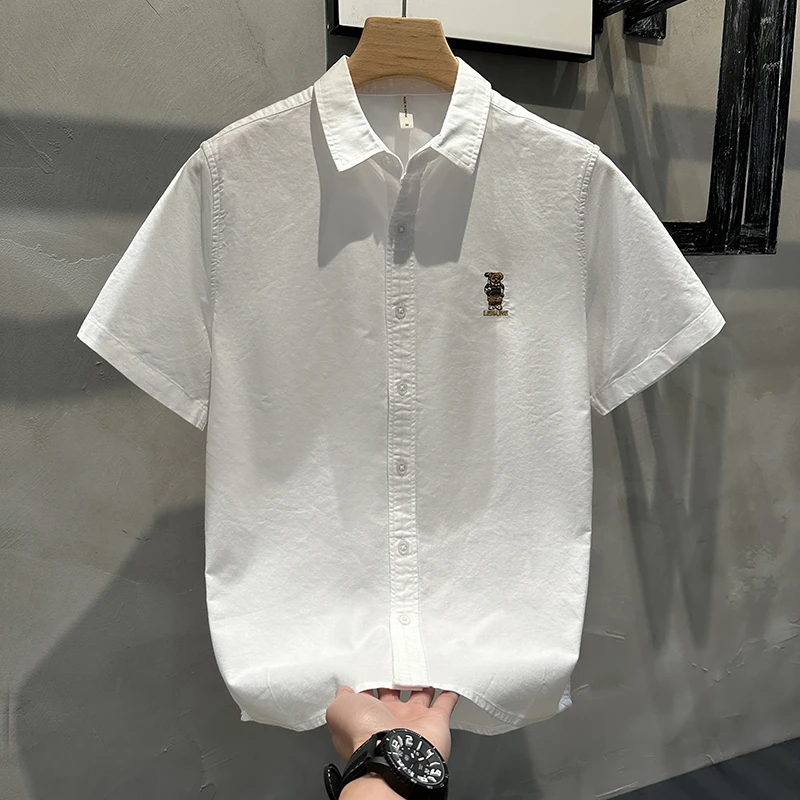 小熊刺绣休闲短袖衬衫男士夏季宽松纯色文艺青年百搭潮男衬衣外套