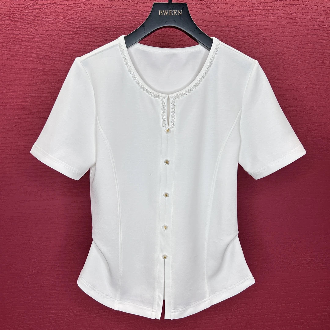 2025春夏新款显瘦小V领时尚钉珠女士短袖百搭休闲T恤