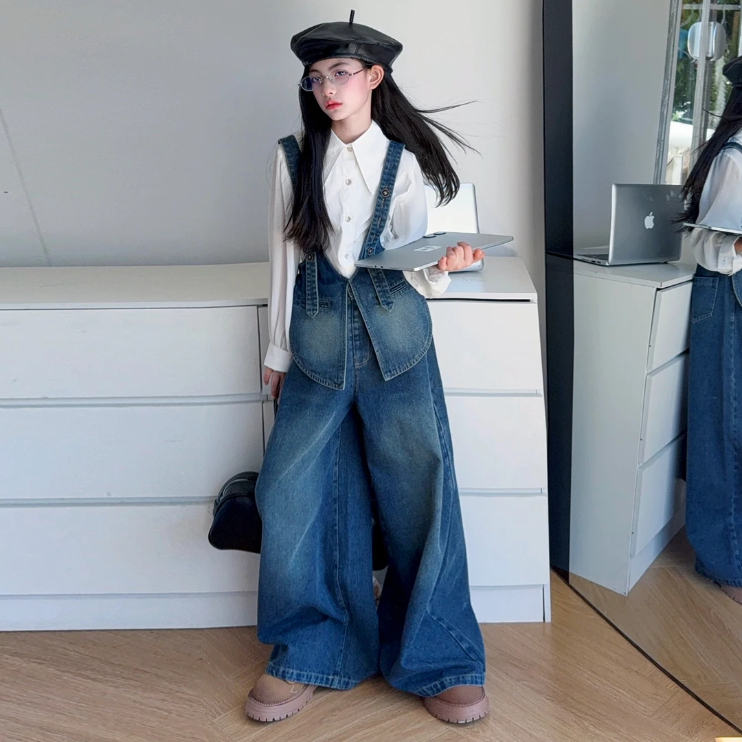 女童牛仔套装高级感白色POLO领衬衫设计感牛仔背带裤两件套2025秋