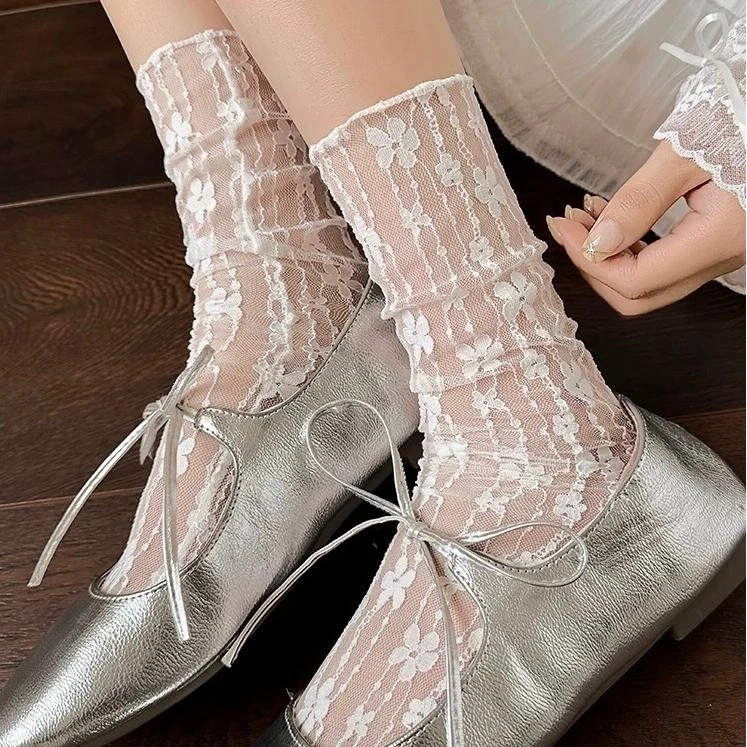 蕾丝夏季薄款纯色棉袜透气韩系蕾丝堆堆袜女中筒白色玛丽珍仙女袜
