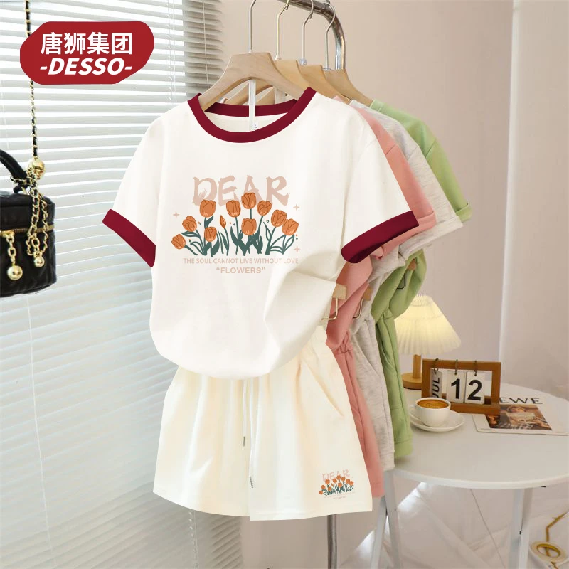 唐狮集团Desso休闲运动套装女撞色短袖休闲风辣妹装运动服短裤夏