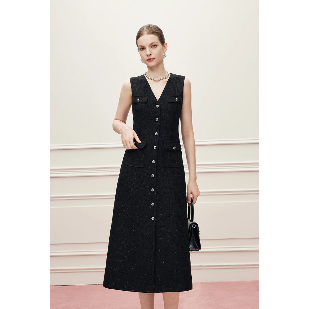 MandyZhang法式轻奢风黑色无袖小香风连衣裙女秋冬V领气质长裙子