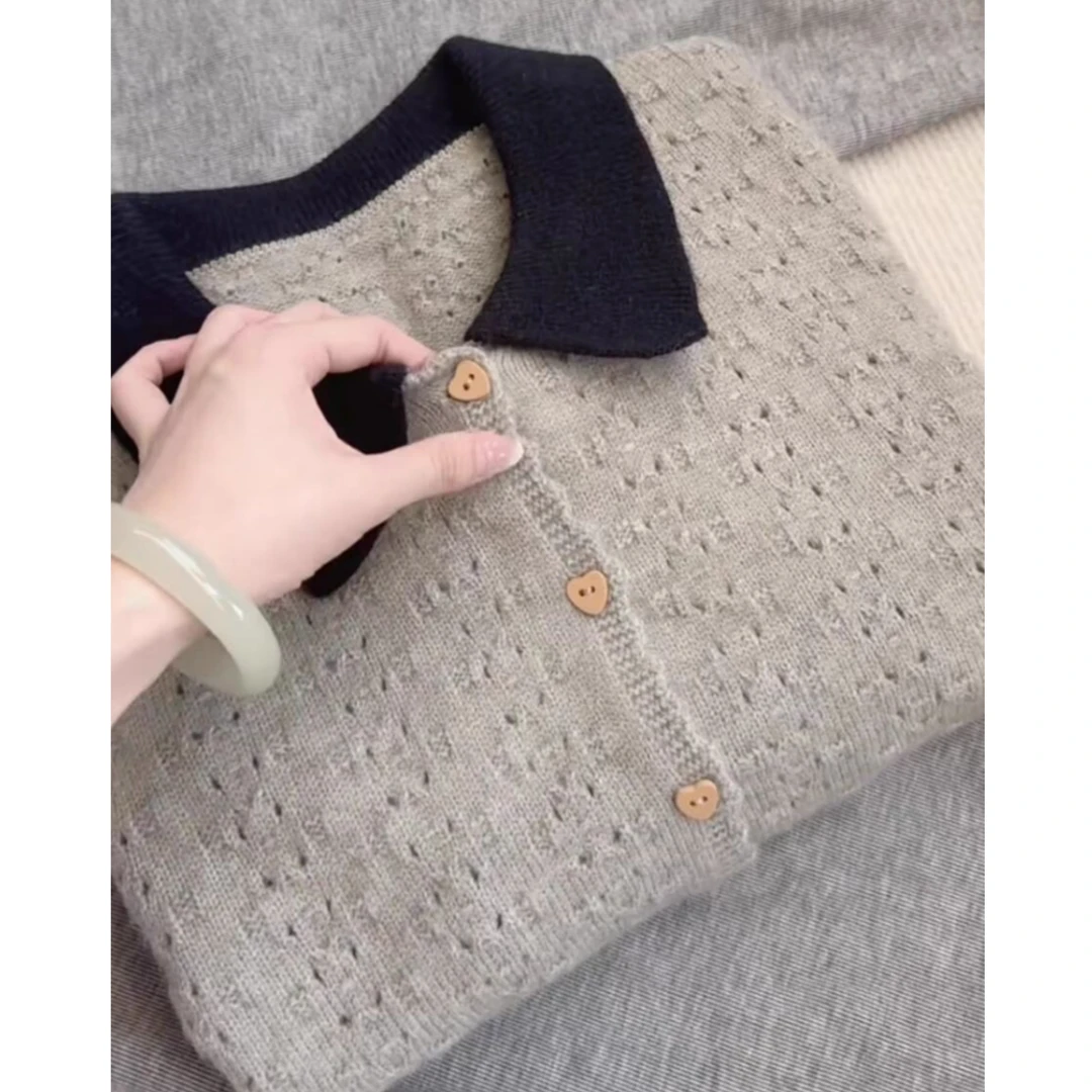 撞色翻领慵懒针织开衫宽松上衣春秋气质时尚百搭长袖短款毛衣外套