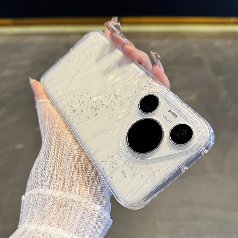 适用于华为pura70手机壳渐变镭射贝壳纹pura70pro+透明奢华mate70