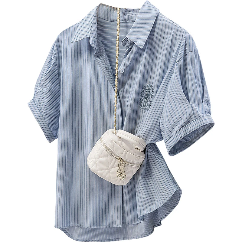 丝柏舍夏季刺绣翻领短袖宽松条纹衬衫短款短袖t恤女装S52Q1856C