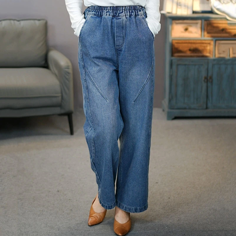6796蓝春款#2025春秋季复古显瘦牛仔直筒裤松紧腰时尚拖地梧桐裤
