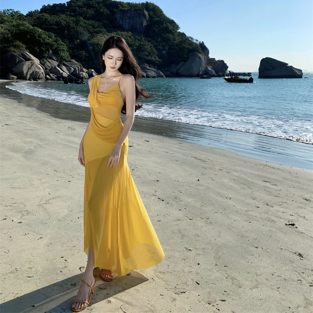 GD慵懒风清冷法式仙柔度假裙 步步生莲设计感开衩连衣裙女
