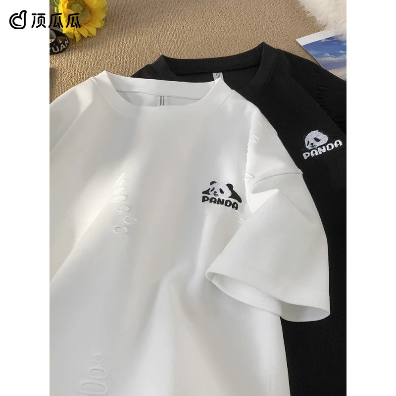 顶瓜瓜大码300斤国潮刺绣熊猫破洞短袖t恤男女夏季设计感宽松上衣