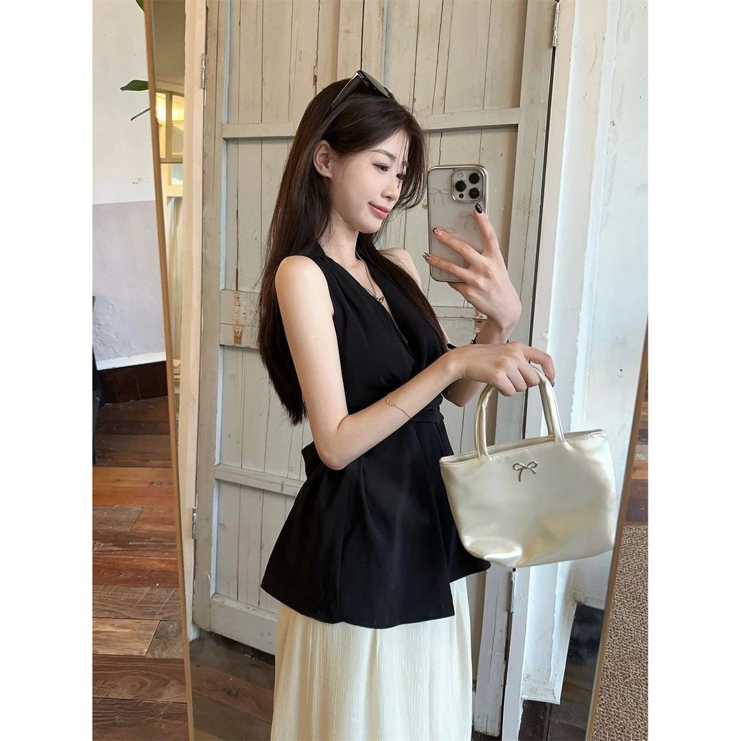 法式无袖上衣女绑带新款吊带收腰背心夏季系带蝴蝶结设计高睡衣女