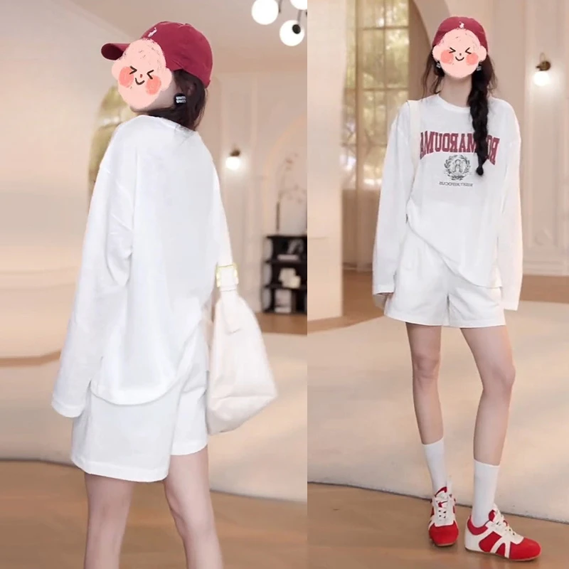 高级时髦印花防晒T恤短裤两件套女2025夏季新款显瘦时尚通勤套装