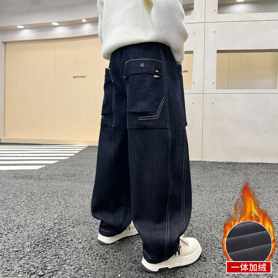 儿童装男童冬季一体加绒裤子2026新款中大童秋冬款男孩加厚牛仔裤