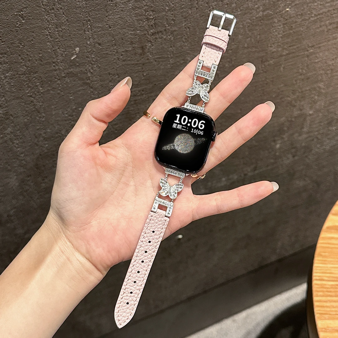 蝴蝶镶钻拼皮表带适用iwatch S11手表applewatch S10苹果手表配件