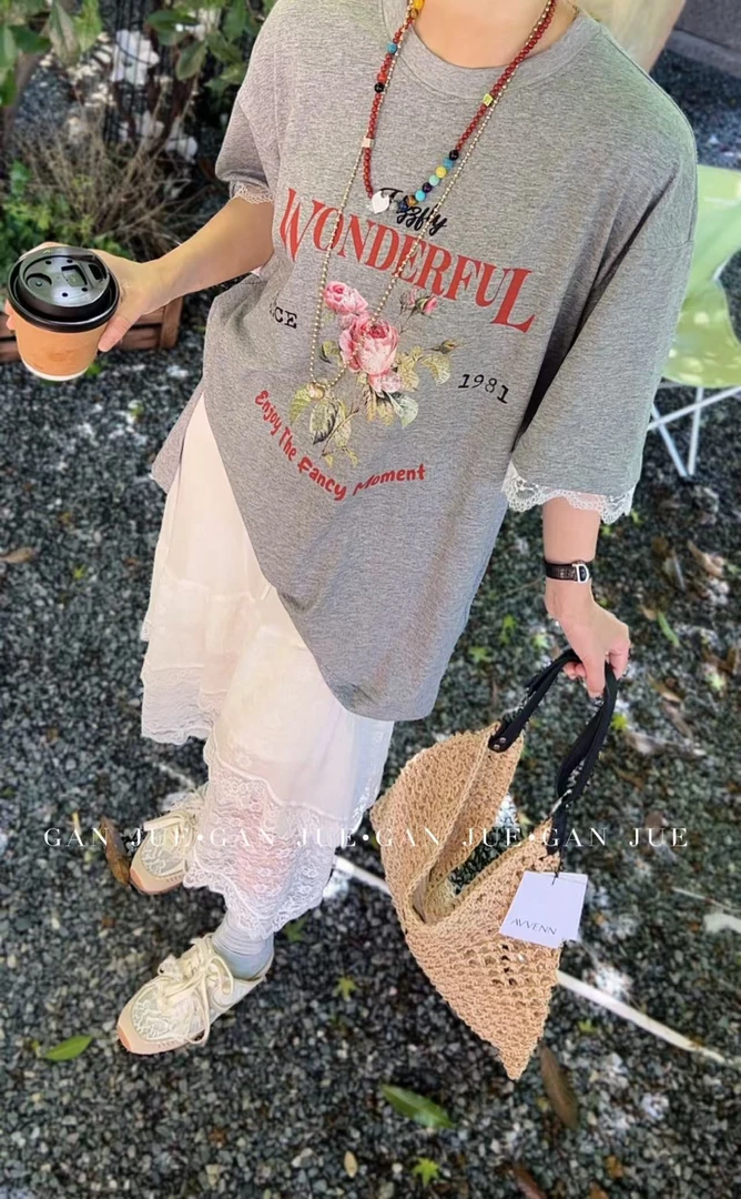 Fizzfly设计师品牌25夏季新品 中长款T恤 袖口蕾丝边ganjue买手店