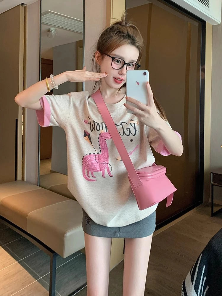 2025夏装新款胖mm大码女时尚撞色减龄卡通印花圆领短袖T恤