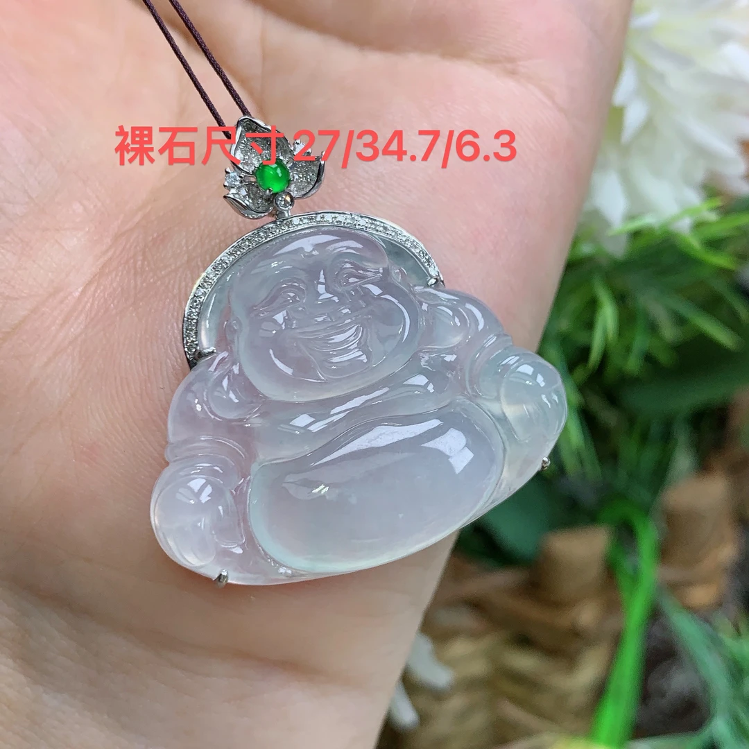 缅甸天然翡翠A货18k高冰起光白月光精佛公吊坠尺寸36.8/34.7/7.6