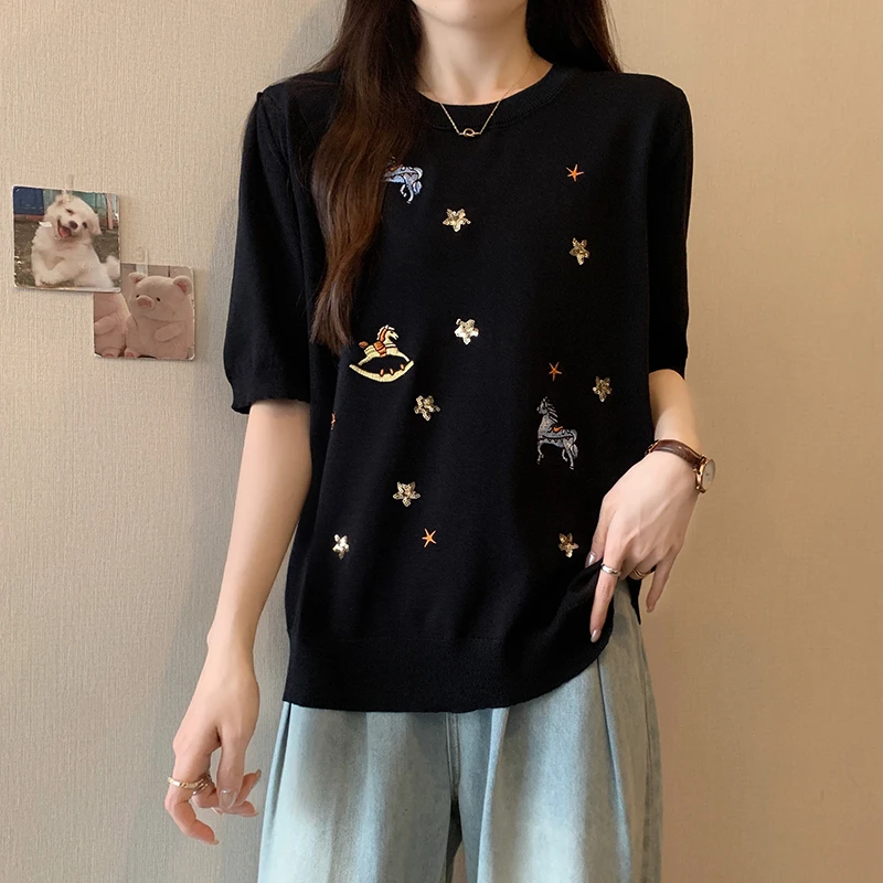 3021大码女装2025夏装新款刺绣针织上衣胖mm宽松显瘦冰丝短袖T恤