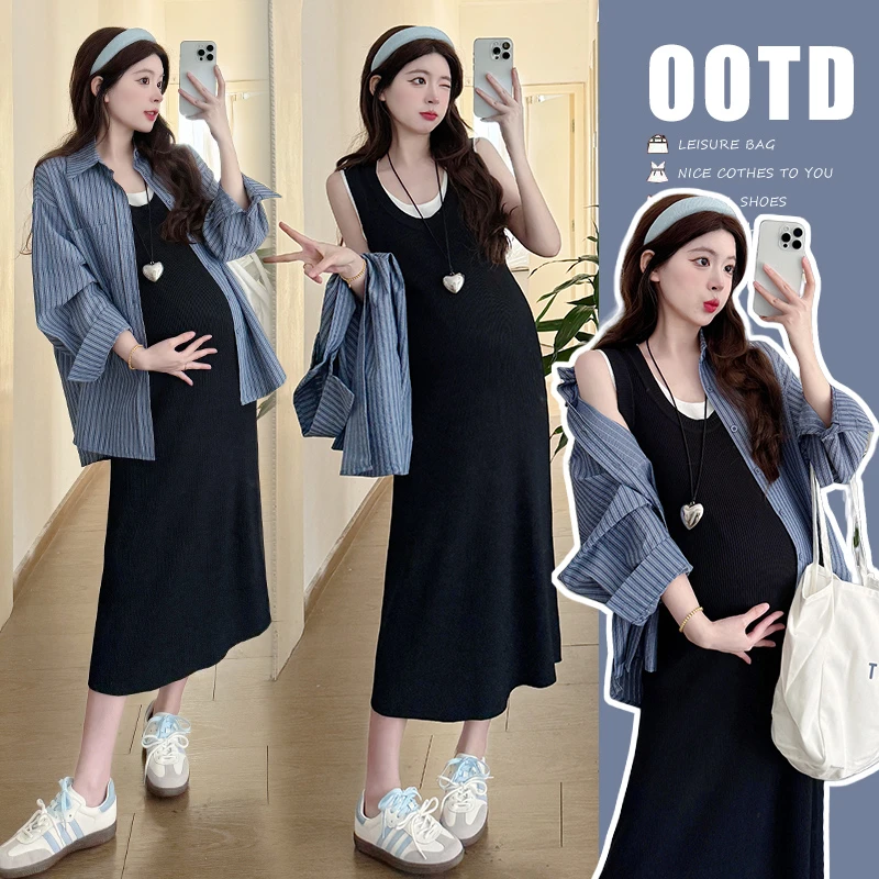 【酥酥】孕妇套装2025春夏款外穿洋气假两件背心裙+条纹衬衫两件套