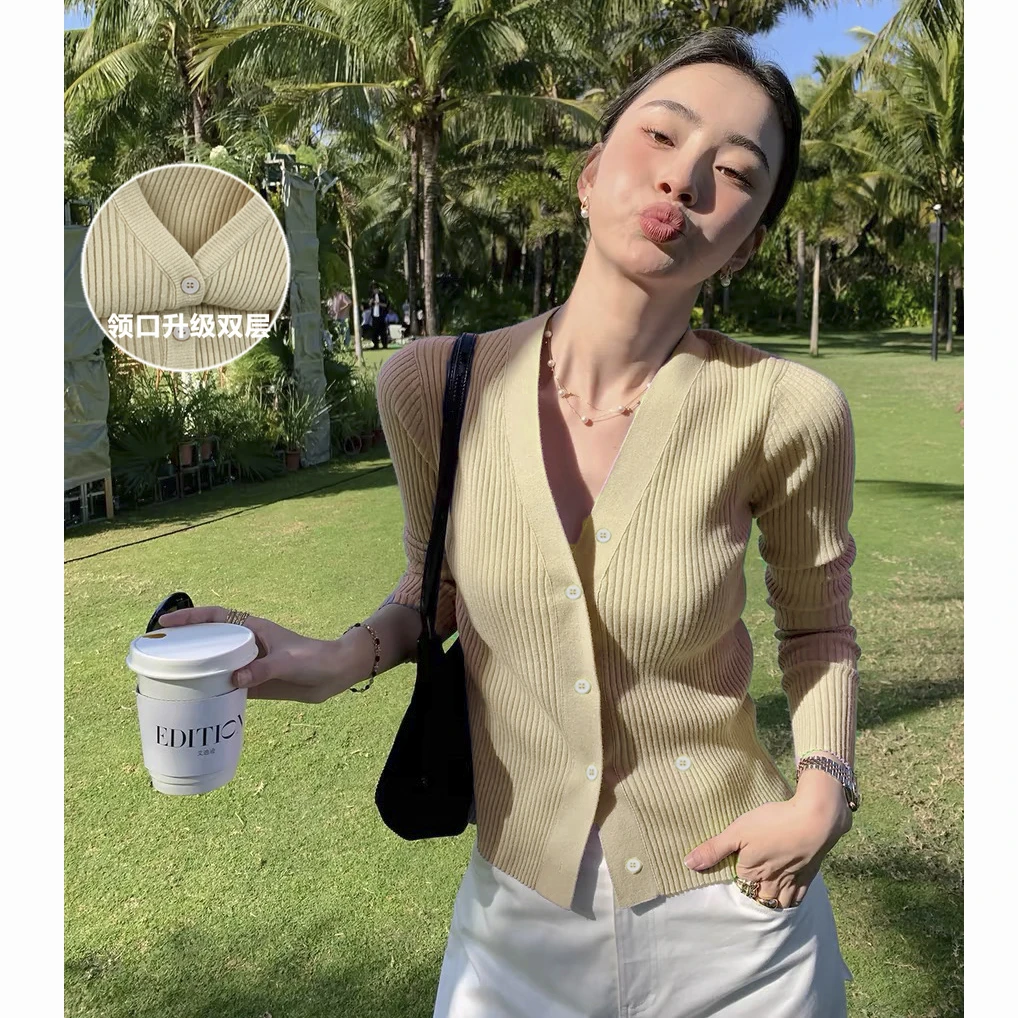 【香草杏】开衫外套2825超柔软新款高品质V领上衣