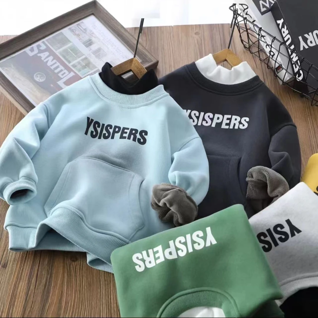 【海涛大叔】儿童撸猫绒卫衣24冬新字母假两件加绒卫衣-ZY80852 Y